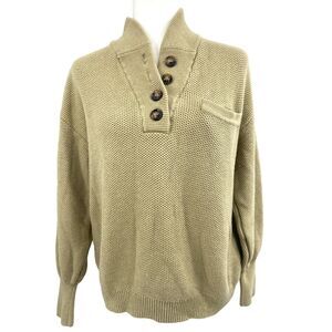 Lunya Cozy Cotton Silk Waffle Knit Henley Relaxed Sweater Tan Beige XS/S